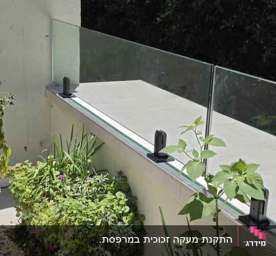 מעקה זכוכית עם צמחים מסביב במרפסת
